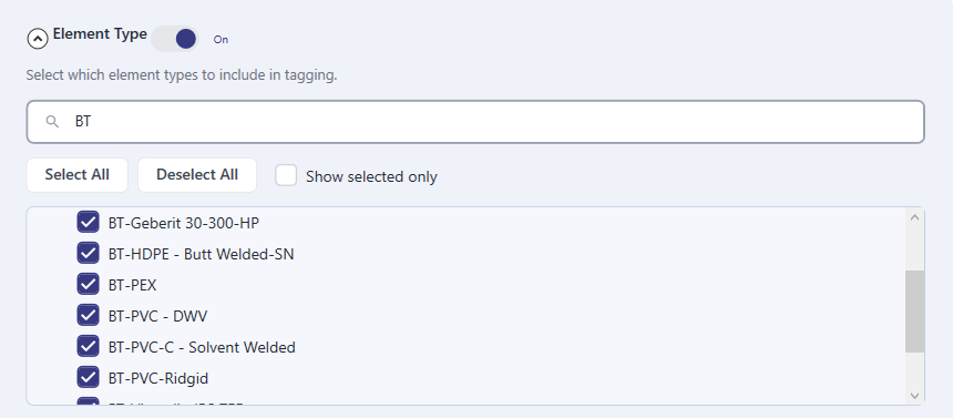 Element Type selector listing allowed pipe types