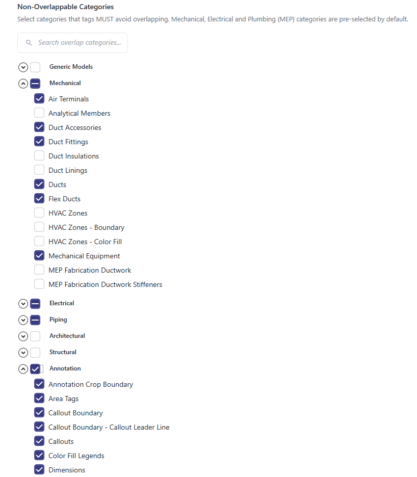 Non-overlappable category settings with checkboxes for each category