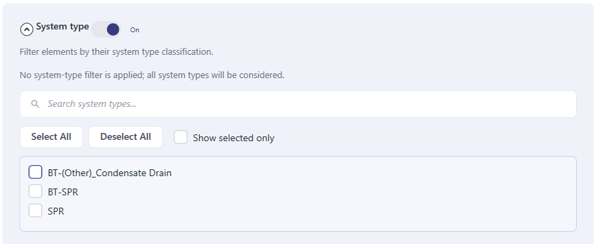 System type filters for specific system classifications