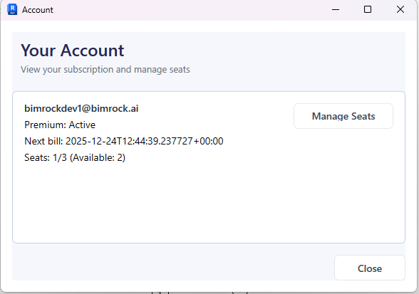 Your Account dialog showing subscription status and seat usage