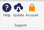 Support ribbon panel with Help, Update, and Account buttons
