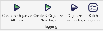 Tagging ribbon group showing Create & Organize All, Create & Organize New, Organize Existing, and Batch Tagging buttons